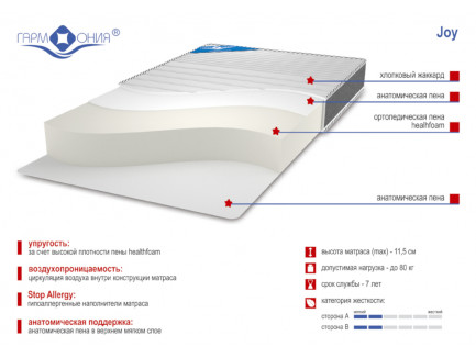 Матрас беспружинный «Joy», средняя жесткость. Состав: ППУ, чехол жаккард