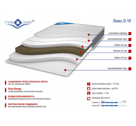 Матрас беспружинный «Люкс Д-10», средняя жесткость. Состав: Bi-кокос, Холлкон, чехол жаккард