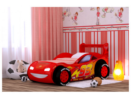 Кровать-машина Молния 3D с подъемным основанием 160х70 см, подсветкой фар, объемными колесами (4 шт)