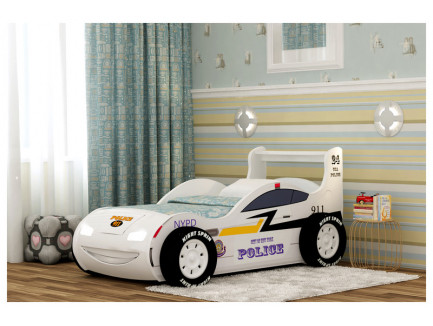 Кровать-машина Полиция 3D с подсветкой фар, подъемным основанием, объемными колесами