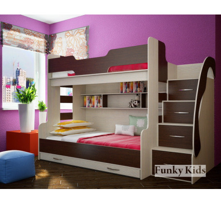 Детская комната для троих разнополых детей. Двухъярусная кровать Фанки Кидз-21 +угловой шкаф 13/15 +стеллаж 13/4.