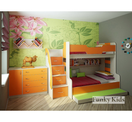 Детская комната для троих разнополых детей. Двухъярусная кровать Фанки Кидз-21 +угловой шкаф 13/15 +стеллаж 13/4.