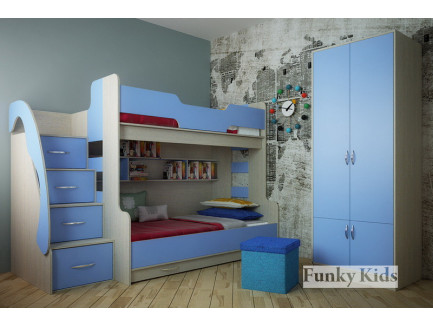 Детская комната для троих разнополых детей. Двухъярусная кровать Фанки Кидз-21 +двухдверный шкаф 13/2.