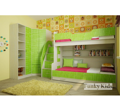 Детская комната для троих разнополых детей. Двухъярусная кровать Фанки Кидз-21 +угловой шкаф 13/15 +..