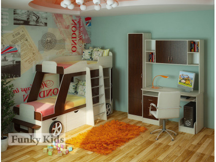 Двухъярусная кровать-машина для детей Джип +стол с надстройкой 13/14 +пенал 13/10. Спальные места кровати 170х80 см
