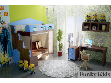 Двухъярусная кровать-замок для двоих детей Фанки Хоум (Funky Home) арт. 11003 +тумба ФТ-08 +стол ФТ-09 +полка ФТ-14