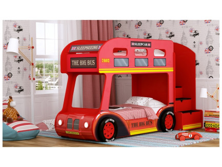 Кровать-автобус Лондон Люкс с объемным бампером, подсветкой фар, объемными колесами. Спальное место кроватей 1700*700 мм