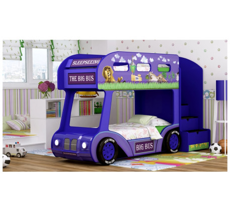 Кровать-автобус для детей Мадагаскар Люкс с объемным бампером, подсветкой фар, объемными колесами. С..