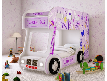 Детская кровать-автобус Школьный Люкс с объемным бампером, подсветкой фар, объемными колесами. Спальные места 1700*700 мм