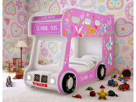 Двухъярусная кровать-автобус Школьный Люкс с объемным бампером, подсветкой фар, объемными колесами. Спальные места 1700*700 мм