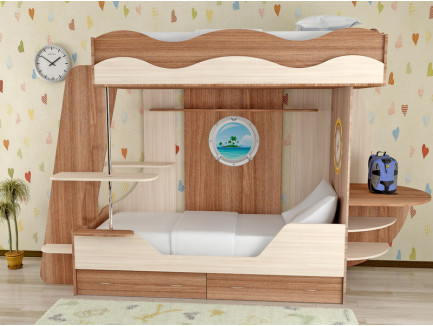 Детская кровать Кораблик-2 двухъярусная, спальные места кровати-корабля 190х80 см