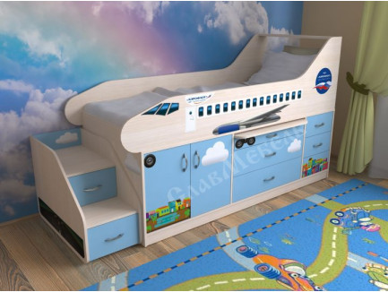 Кровать-самолет с лестницей, спальное место детской кровати 190х80 см