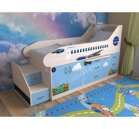 Кровать-самолет с лестницей, спальное место детской кровати 190х80 см