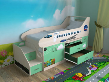Детская кровать-самолет с лестницей, спальное место кровати 190х80 см