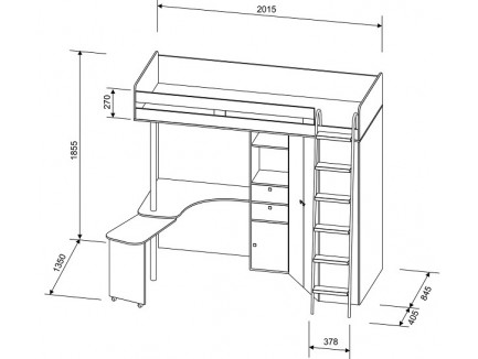 Кровать-чердак со столом и шкафом М-85, спальное место 195х80 см