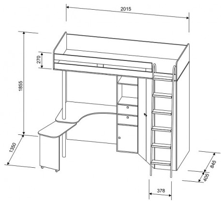 Кровать-чердак со столом и шкафом М-85, спальное место 195х80 см