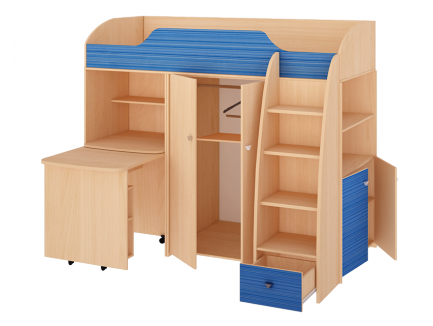Кровать-чердак Радуга со шкафами и выкатным столом, спальное место 2000*800 мм.