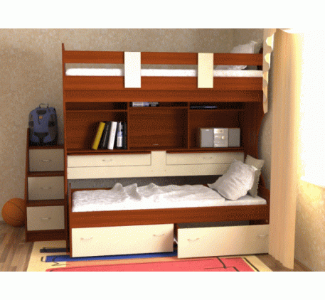 Детская выкатная кровать Дуэт-4 с выдвижными нижним спальным местом и двумя столами