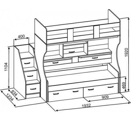 Двухъярусная кровать Дуэт-4 с выдвижными нижним спальным местом и двумя столами