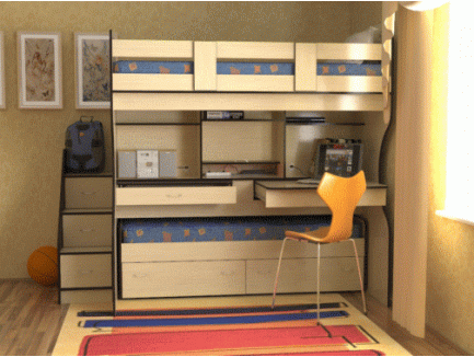 Выкатная кровать для двоих детей Дуэт-4 с выдвижными нижним спальным местом и двумя столами