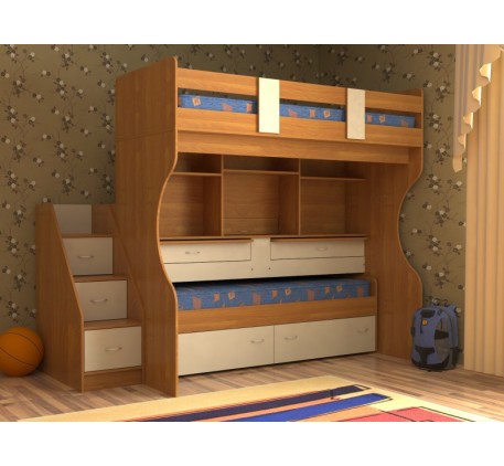 Детская кровать Дуэт-4 с выдвижной нижней кроватью и двумя столами