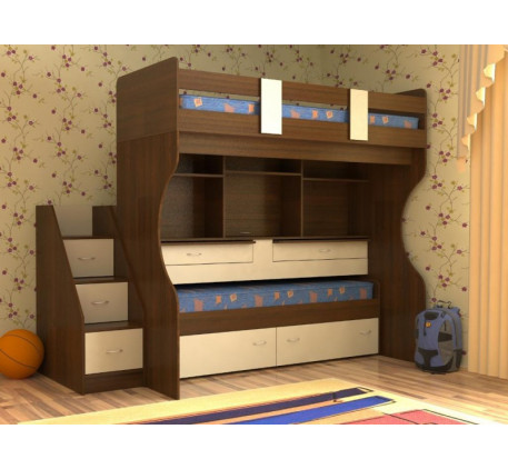 Кровать с выдвижным спальным местом Дуэт-4 для двоих детей с двумя столами