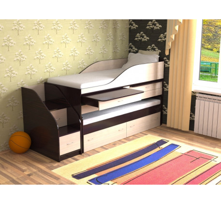 Выкатная кровать для двоих детей Дуэт-8 с выдвижным спальным местом истолами - Детская выдвижная двухъярусная кровать Дуэт-8 («Славмебель»)