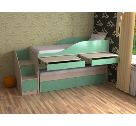 Двухъярусная выкатная кровать Дуэт-8 для двоих детей с выдвижным спальным местом и столами