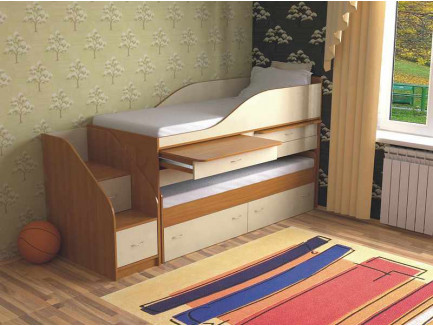 Детская выдвижная кровать для двоих детей Дуэт-8 с выкатным спальным местом и столами