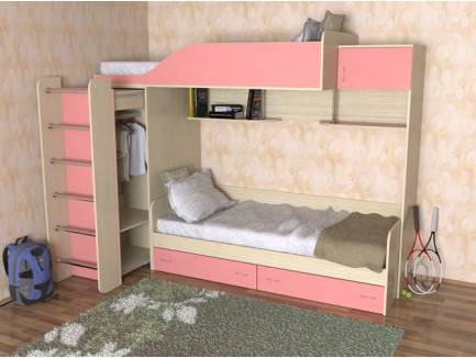 Двухъярусная кровать со шкафом для девочек Дуэт-3