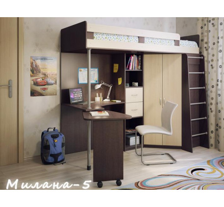 Кровать-чердак Милана-5 со шкафом и столом, спальное место 200х800 см