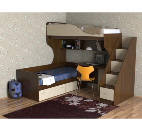 Кровать-чердак с кроватью внизу Дуэт-5 с металлической лестницей