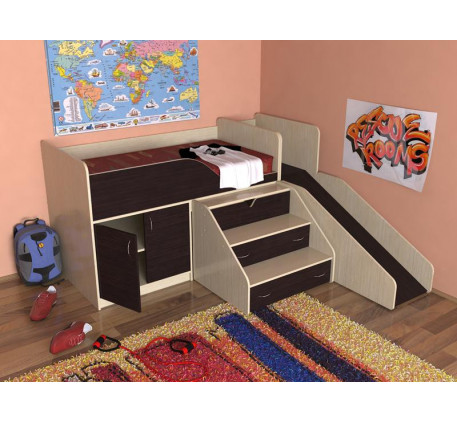 Детская кровать-чердак с горкой Кузя, спальное место 160х80 см