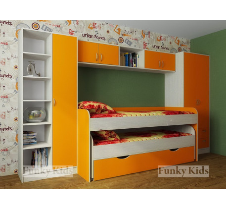 Детская выдвижная кровать Фанки Кидз-8 для двоих детей с выкатным спальным местом с ящиком +тумба-лестница 13/19 +ограничитель 13/17 (2 шт)