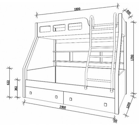 Недорогая двухъярусная металлическая кровать Рио, места для сна 190х80, 190х120 см