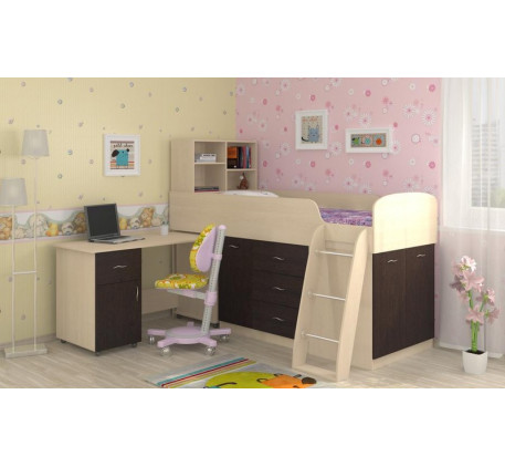 Кровать-чердак Дюймовочка-1 низкая со шкафами и столом, спальное место 190х80 см