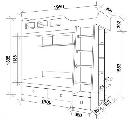 Детская двухъярусная кровать Астра-3 с шкафом, нижнее место 160х80, верхнее 195х80 см