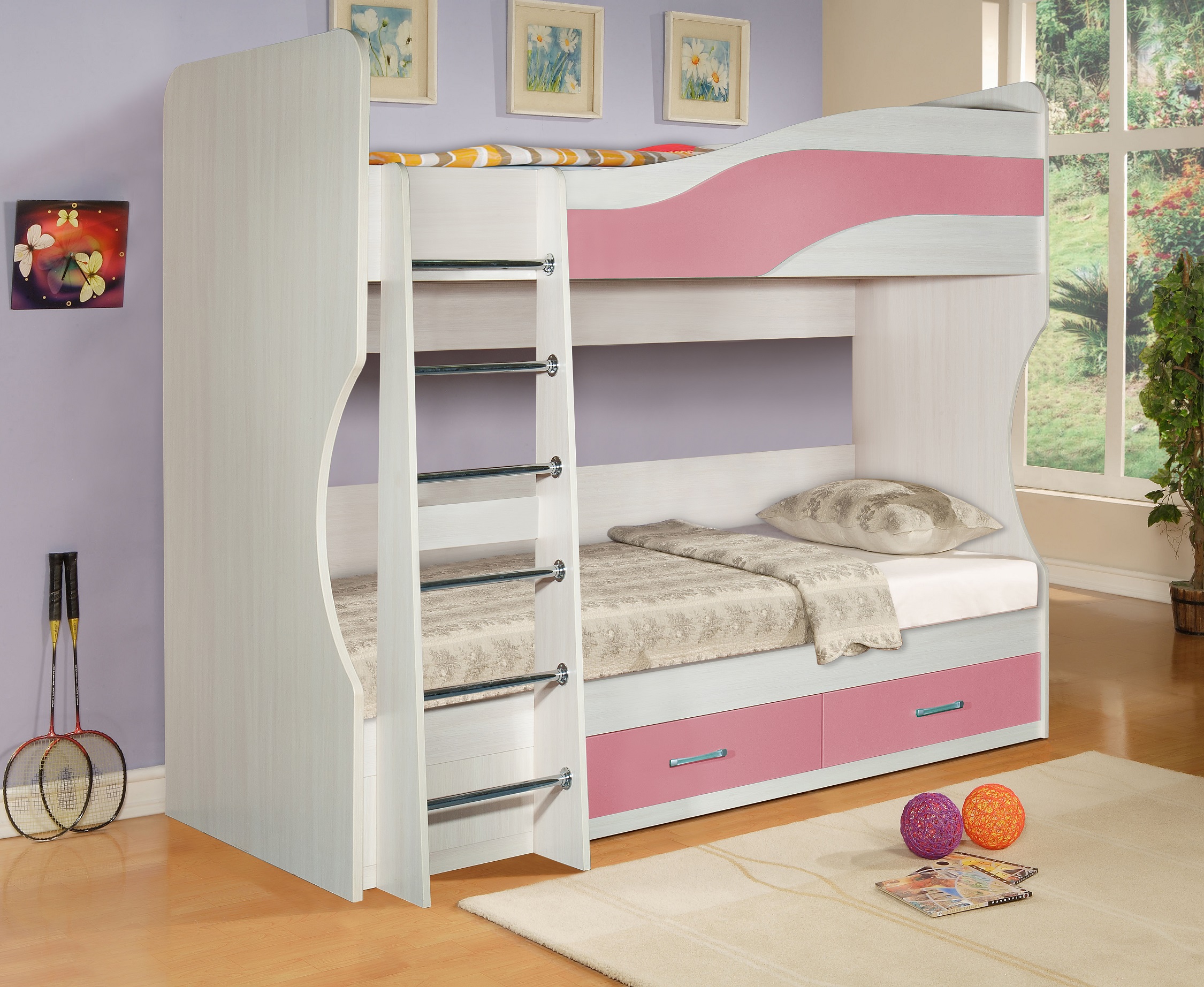 2-х ярусная кровать Симба для девочек, спальные места 190х90 см - Детскаямебель Симба: двухъярусная кровать, кровать-чердак, модульная серия