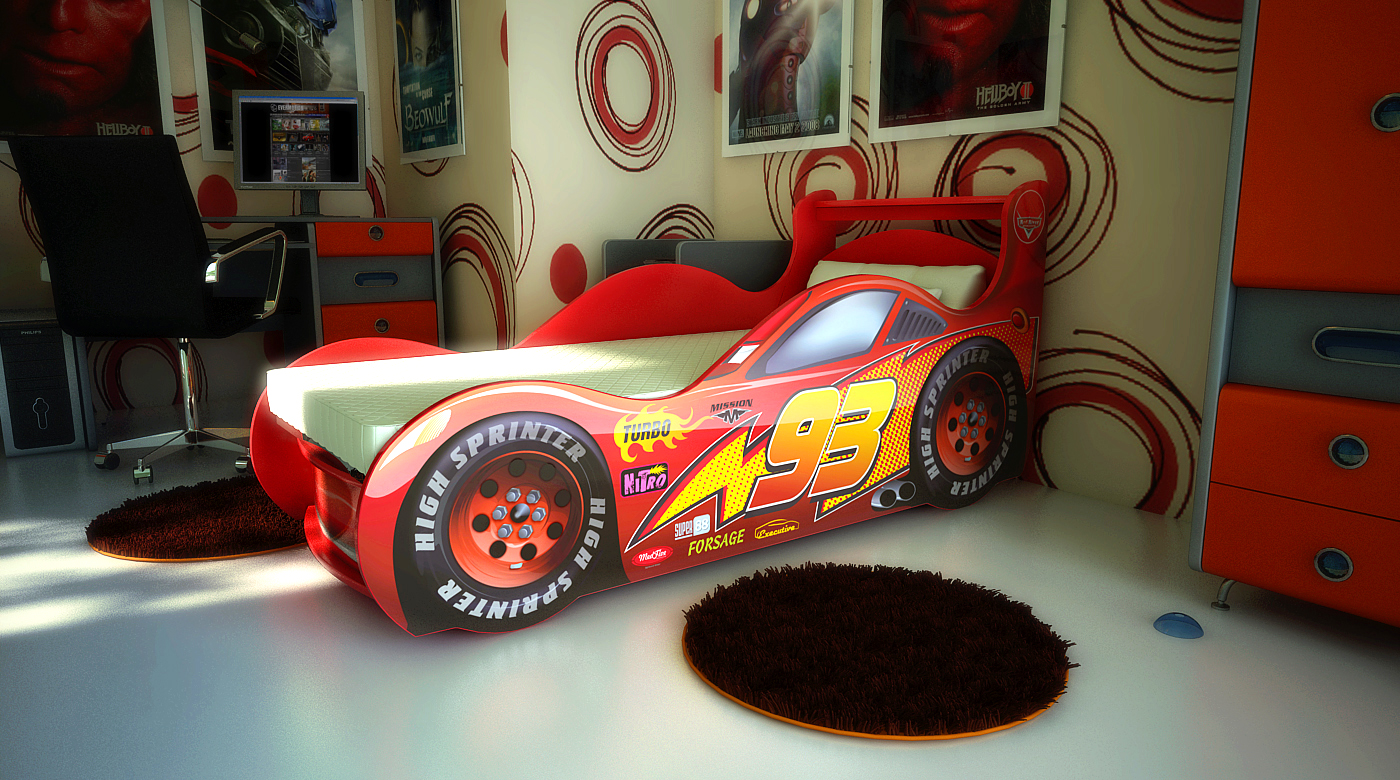 кровать машина красная в интерьере