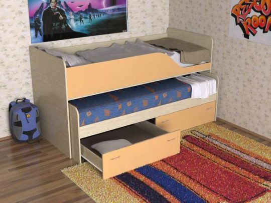 Выкатная кровать для двоих детей Дуэт-2 с выдвижным спальным местом сящиками - Детская выдвижная двухъярусная кровать Дуэт-2 («Славмебель»)