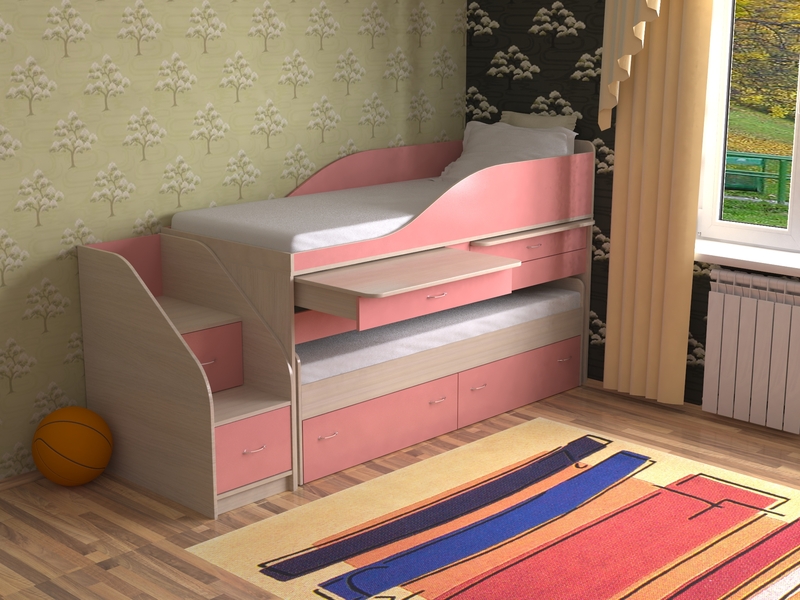 Детская выдвижная кровать для двоих детей Дуэт-8 с выкатным спальным местоми столами - Детская выдвижная двухъярусная кровать Дуэт-8 («Славмебель»)